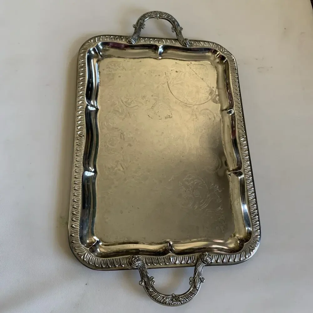 Large Stainless Steel Serving Tray Victorian Vintage Silver Color